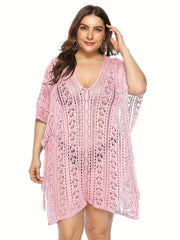 Plus Size Eyelet Embroidery V Neck Tassel Trim Beach Cover Up Dress