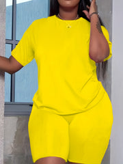 Solid Short Sleeve T shirt & Skinny Shorts Set Women's Plus Slight Str