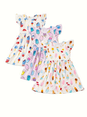 Girls Ice Cream Farm Chicks Print Ruffle Party Dress