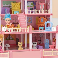 DIY Pink Doll House Playset with Doll Figures and Furniture