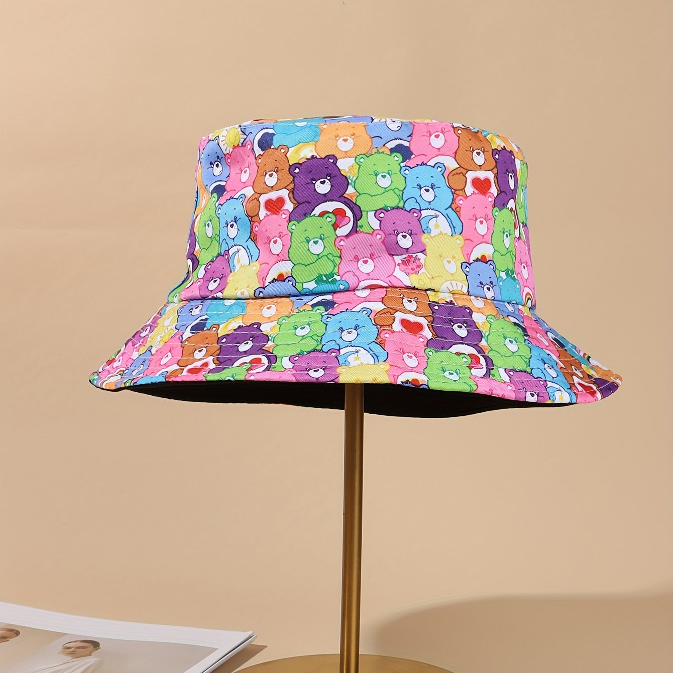 Bear Print Bucket Hat Candy Reversible Sunshade Fisherman Cap