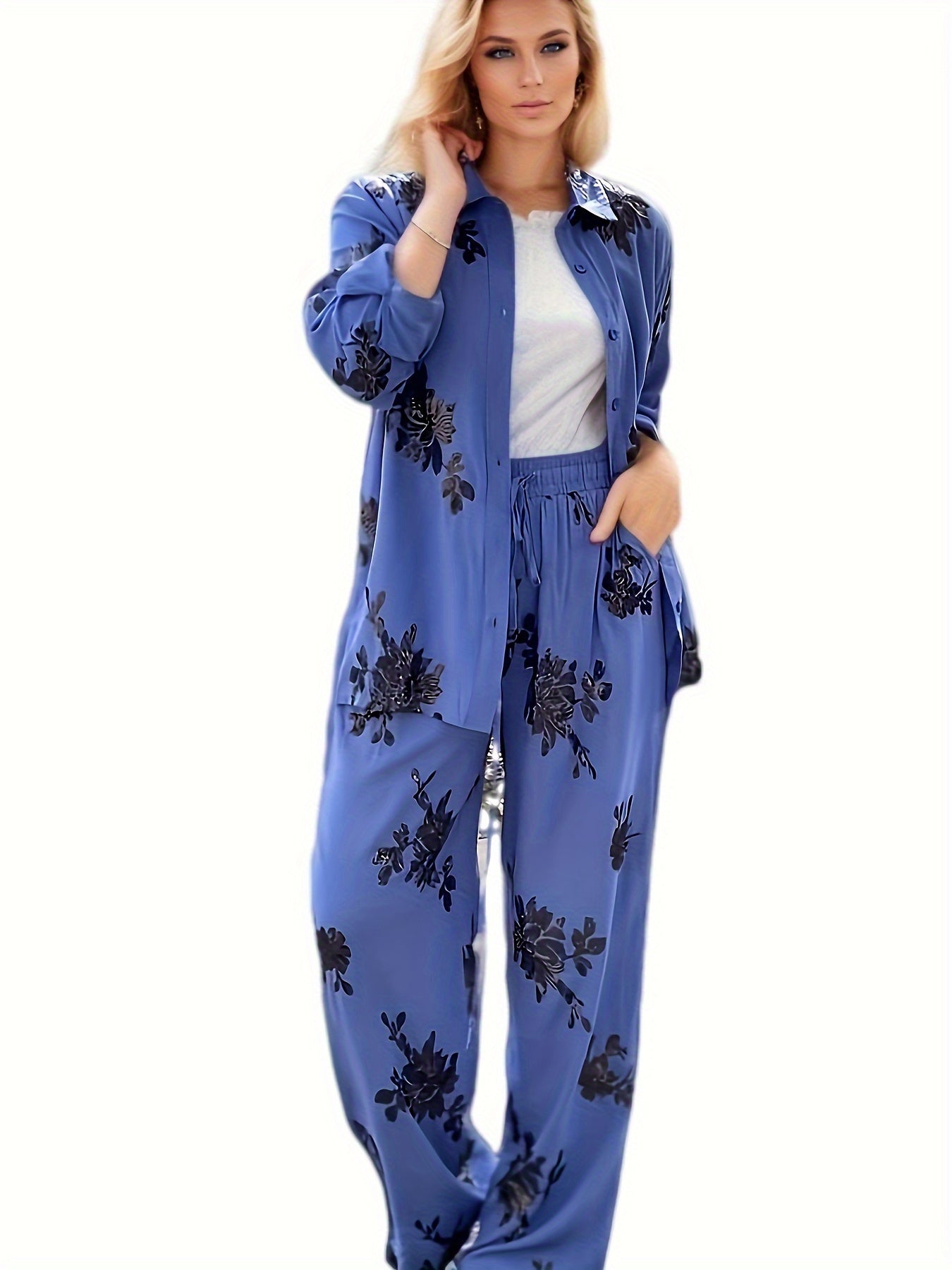 Women's Floral Print Blouse & Wide Leg Pants Set