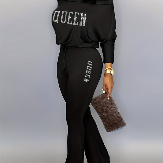 Solid Queen Print Off Shoulder Jumpsuit Casual Batwing Long Sleeve Jumpsuit