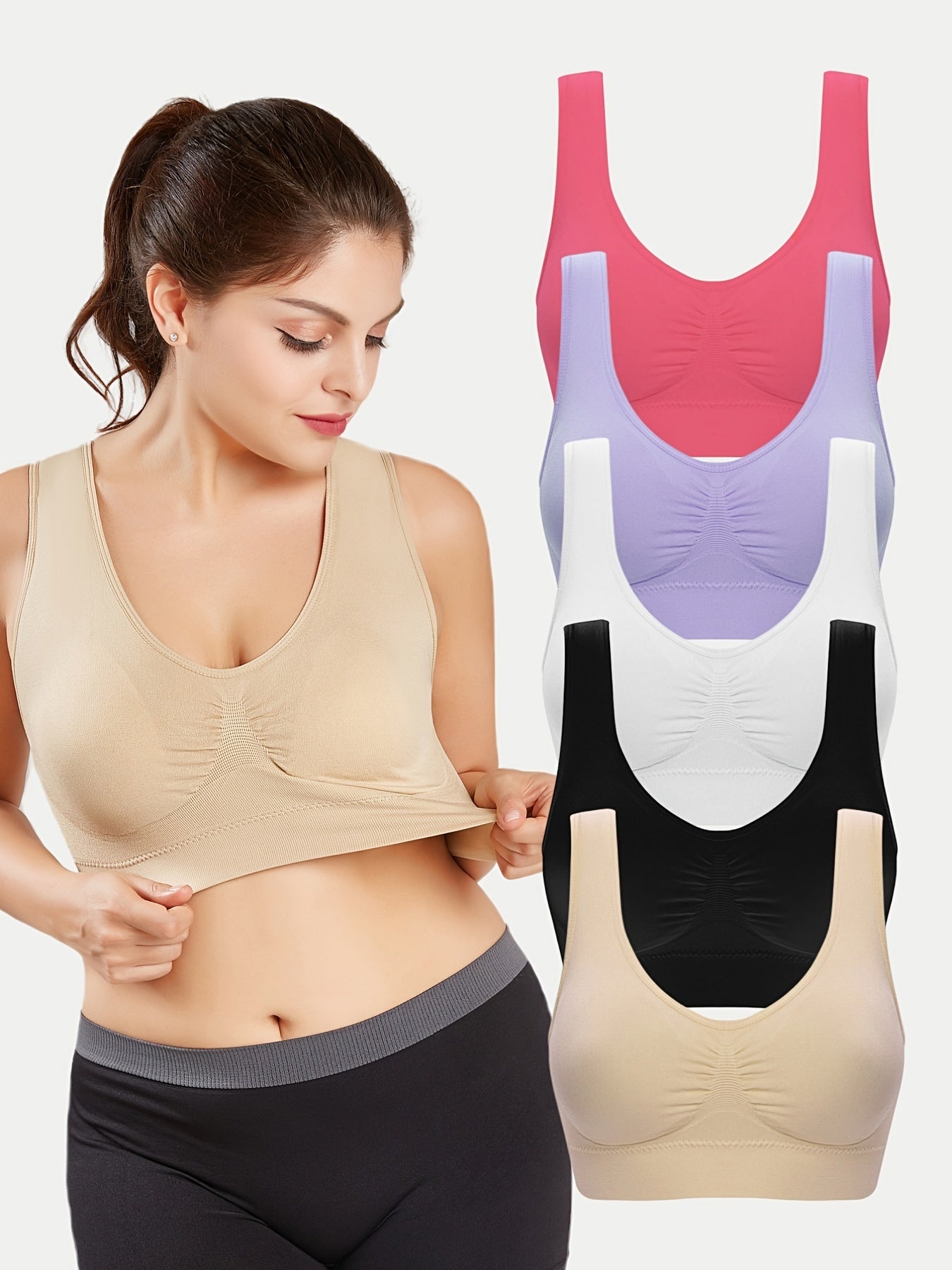 5 Pack Plus Size Bra Set Women's Plus Solid Ruched Breathable Bra 5pcs Set