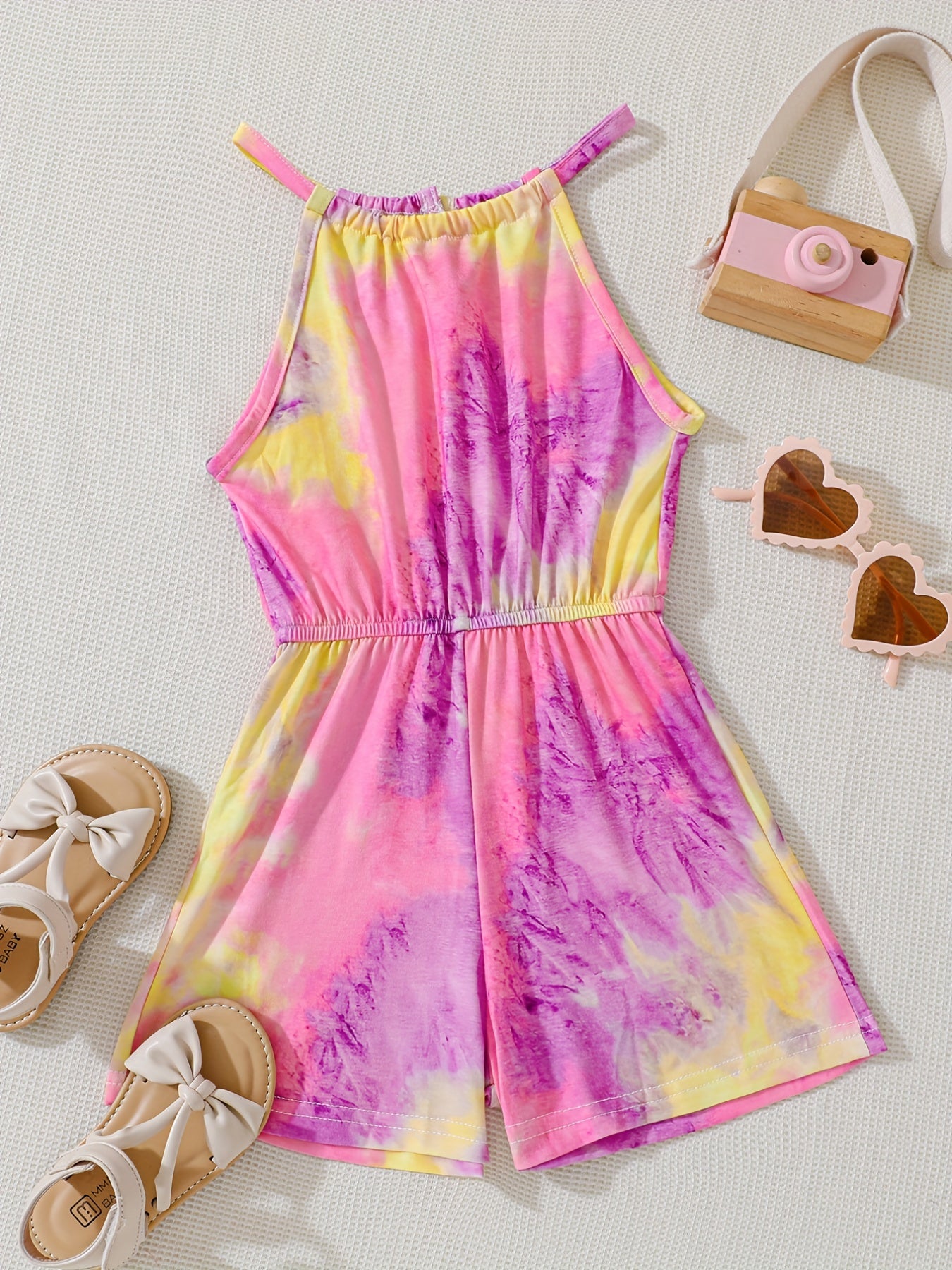 Girls Tie Dye Allover Print Halter Romper Jumpsuit