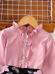 Girl's 2pcs Ruffled Shirt & Floral Skirt Set for Kids