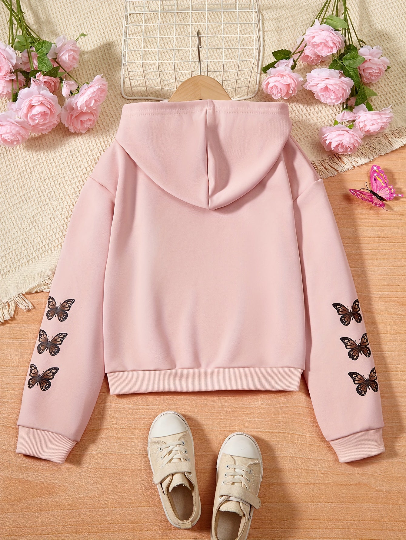 Girls' Butterfly Print Zipper Hoodie for Outdoors