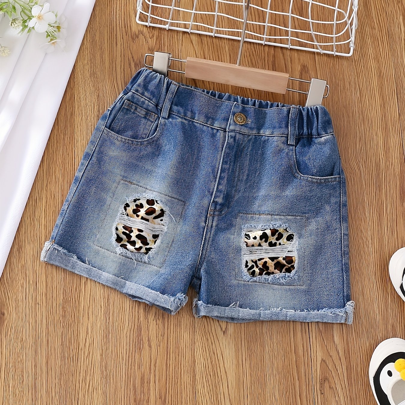 Kids Girls Leopard Patch Ripped Denim Shorts Zip Waist Teenagers Casual Pants