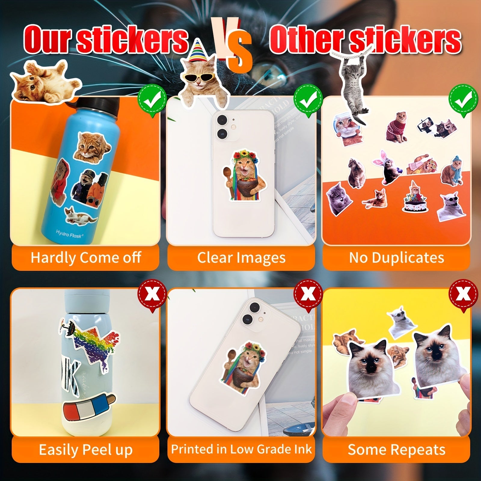 100pcs Cat Stickers Waterproof Vinyl Water Bottle Laptop Phone