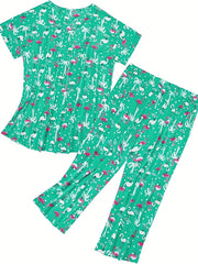 Star Print Pajama Set Short Sleeve Crew Neck Top & Pants Women's Sleepwear