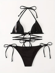 Heart Linked Halter Neck Rib Knit Bikini Set