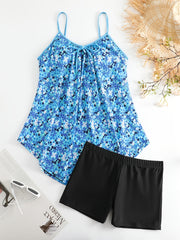 Boho Tankini Set Women's Plus Ditsy Floral Print Tie Front V Neck Cami