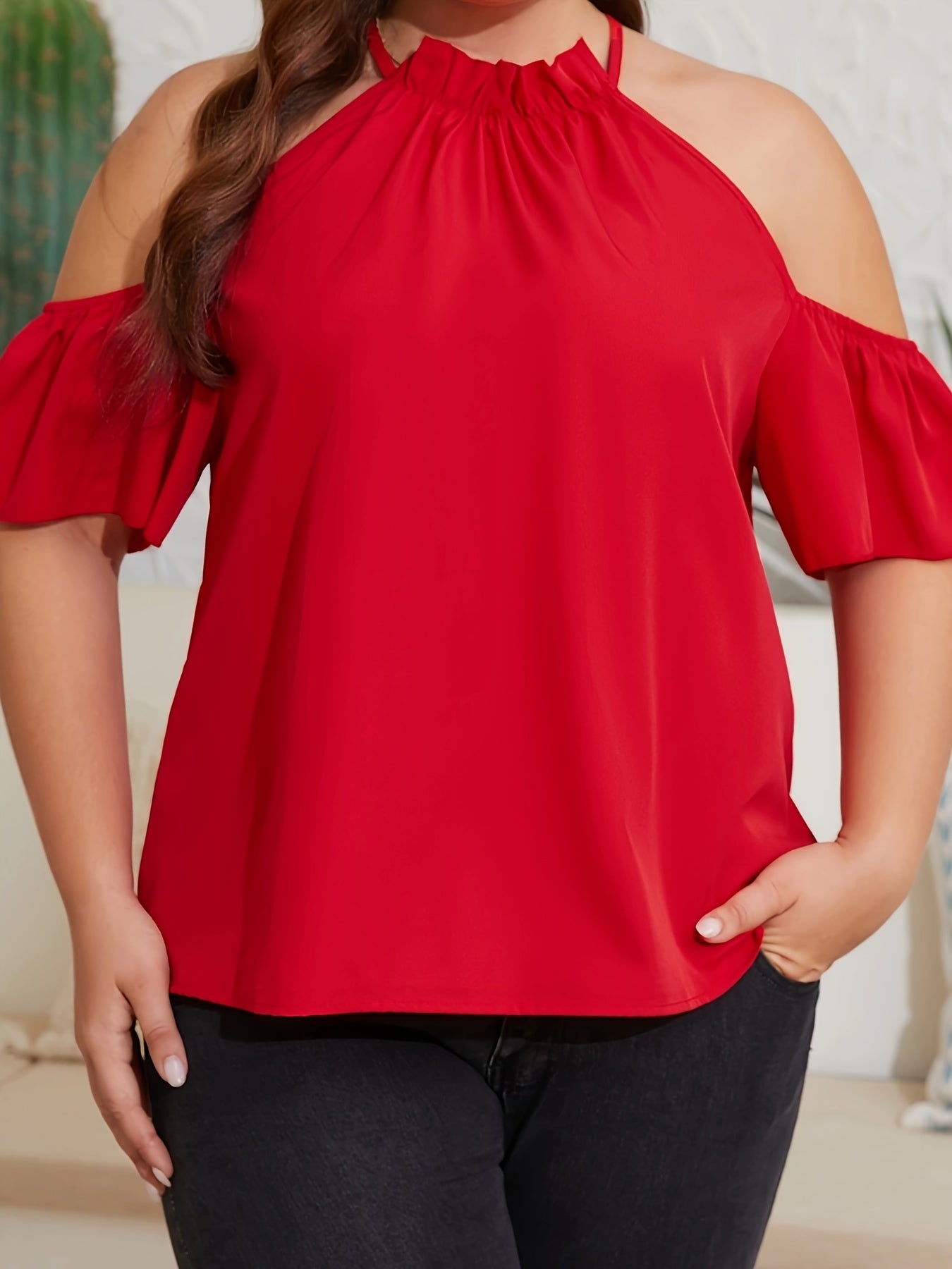 Cold Shoulder Butterfly Sleeve Halter Neck Blouse