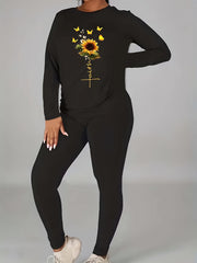Floral & Butterfly Print Long Sleeve Top & Leggings Set