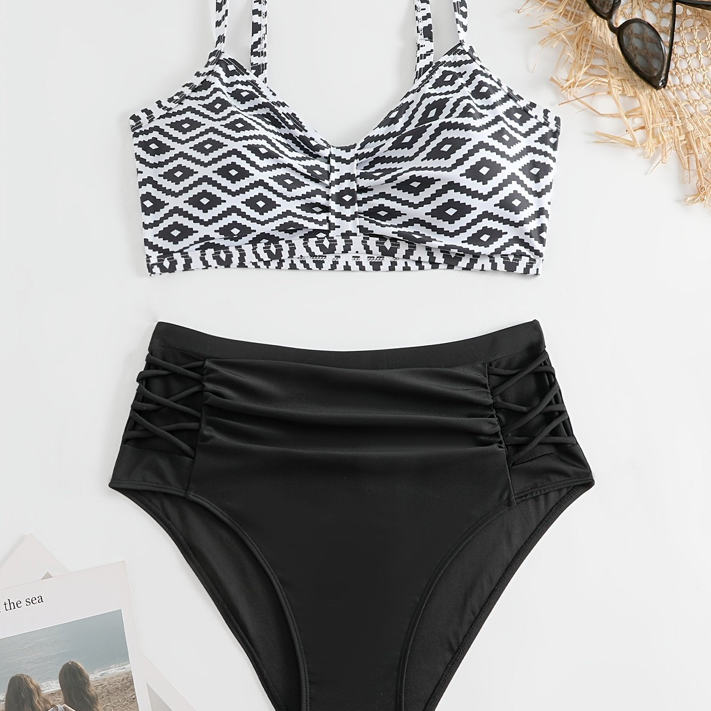 Vacay Bikini Set Argyle Print Padded Bra & Crisscross Panty 2 Piece