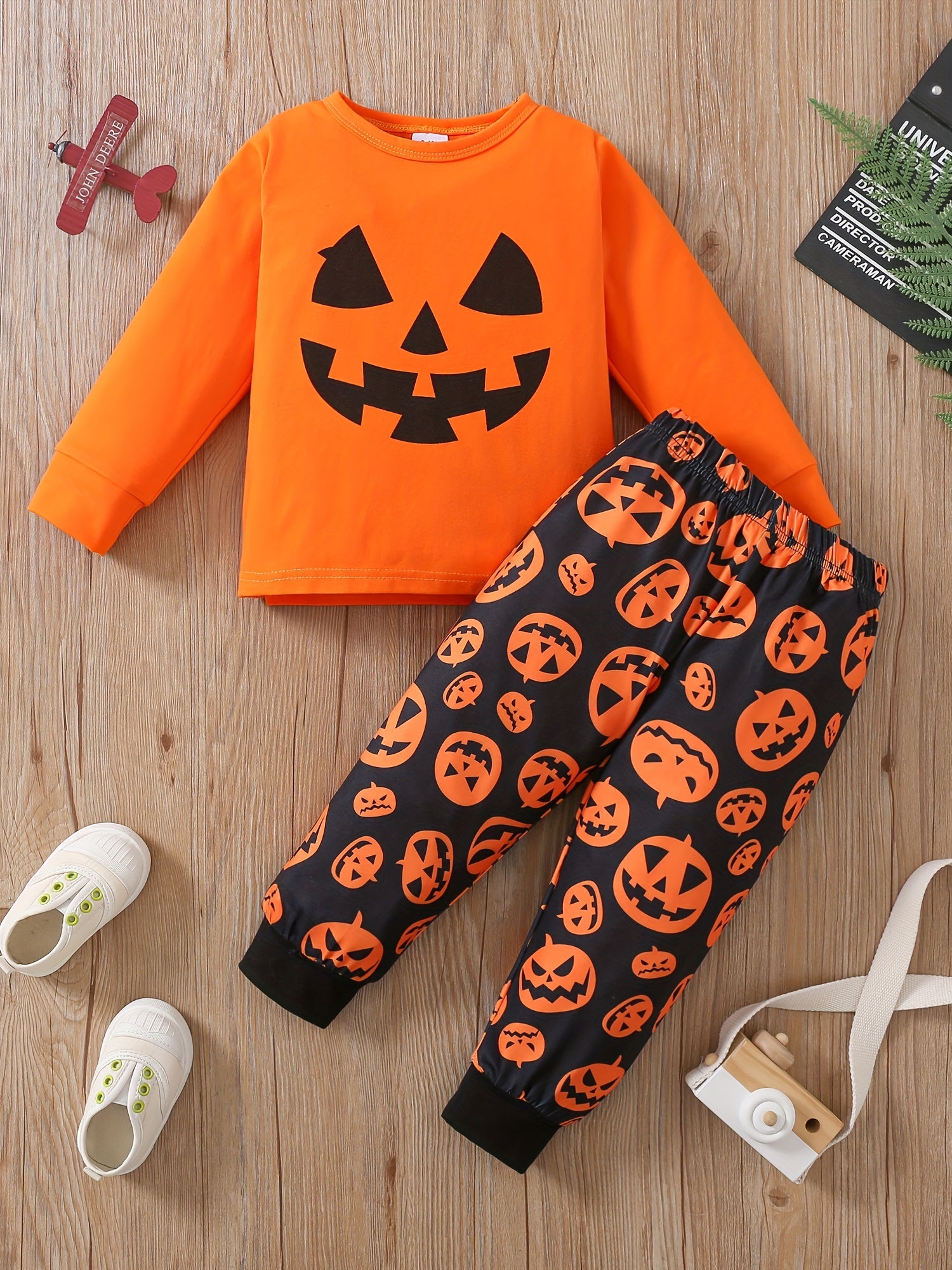 2pc Toddler Pumpkin Pajamas Set Long Sleeve Top & Pants Halloween Style Loungewe