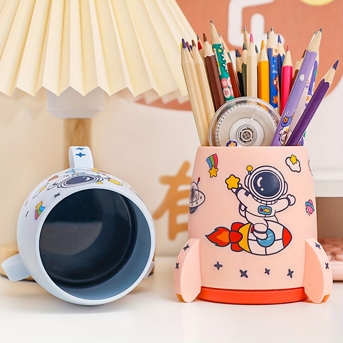 Cartoon Rocket Pen Holder Large Capacity Multifunctional Storage Box
