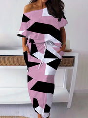 Women's Plus Size Colorblock Geometric Print Top & Skirt Set