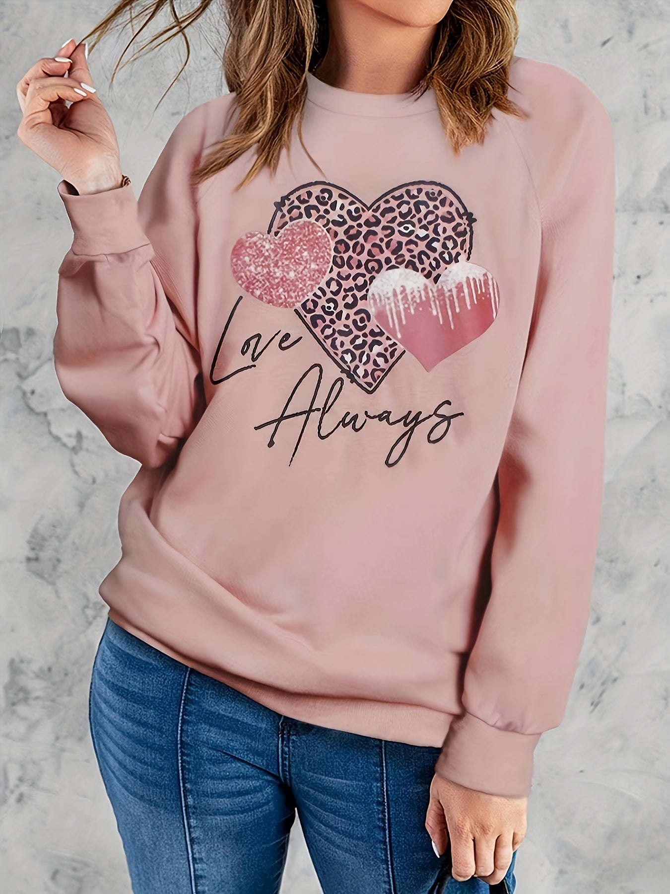 Love Always Heart Print Sweatshirt Crew Neck Long Sleeve