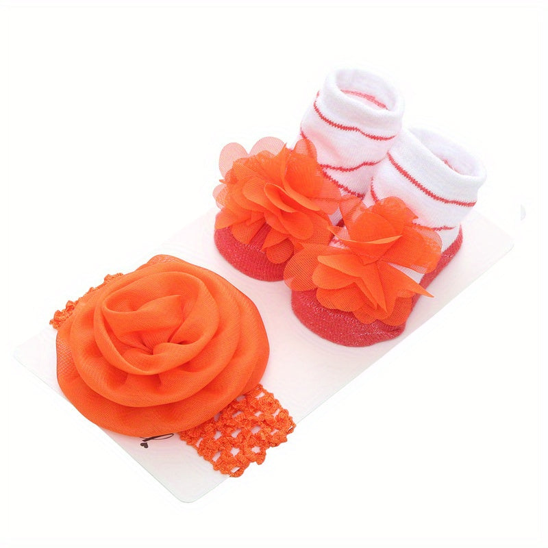 2pcs Newborn Girls Socks & Headband Set - Cotton Princess Crew Socks & Headwear