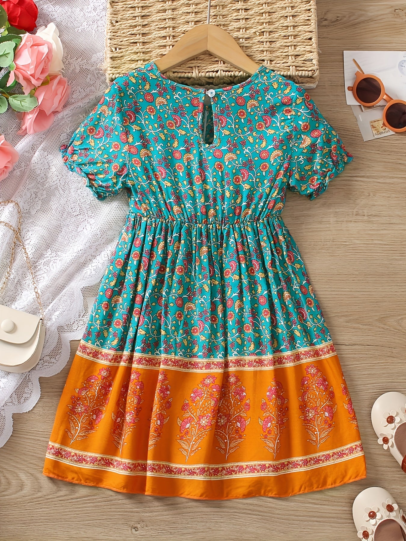 Girls Ruched V neck Short Sleeve Vintage Dress For Party Vacation Outfit