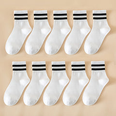 10 Pairs Striped Sports Socks Comfy & Breathable All match Socks Women's