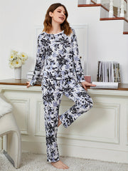 Floral Print Pajama Set Long Sleeve Crew Neck Top & Elastic Waistband Pants