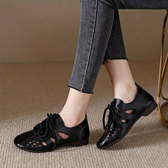 Women's Hollow Out Lace Up Flats Low Top Shoes Casual Faux Leather