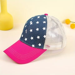 Star Print Ponytail Baseball Cap Pink Block Mesh Trucker Dad Hats