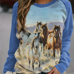 Western Ethnic Horse Print Sweatshirt Long Sleeve Raglan