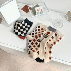 5 Pairs Floral & Plaid Print Socks Women's Mid Tube Stockings