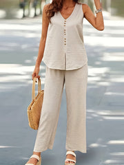 Solid Button Split Tank Top & Pants Outfit Set