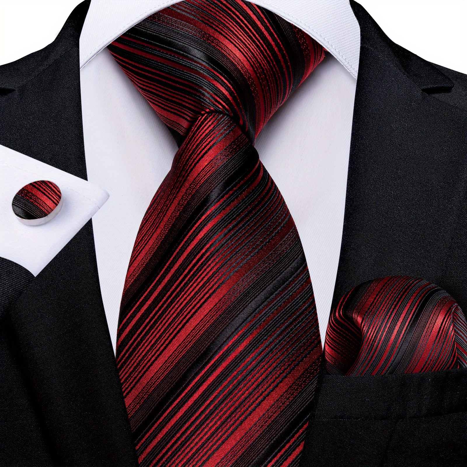 Silk Striped Necktie Red Green Tie Set for Men Wedding