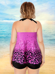 Leopard & Sequin Print Halter Top & Shorts Swimsuit Set
