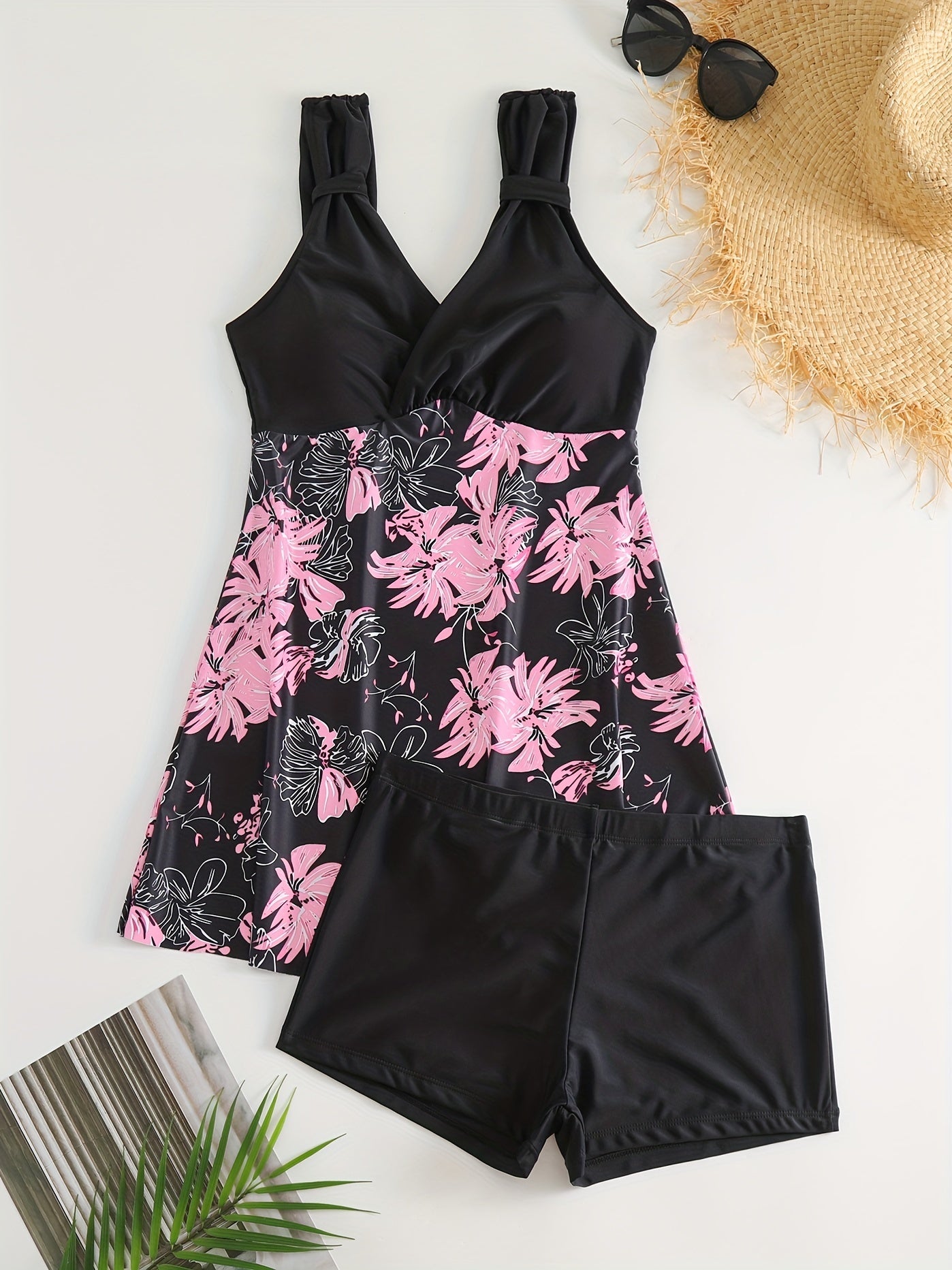 Floral Print V Neck 2 Piece Tankini Swimsuit Women's Swimwear