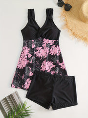 Floral Print V Neck 2 Piece Tankini Swimsuit Women's Swimwear