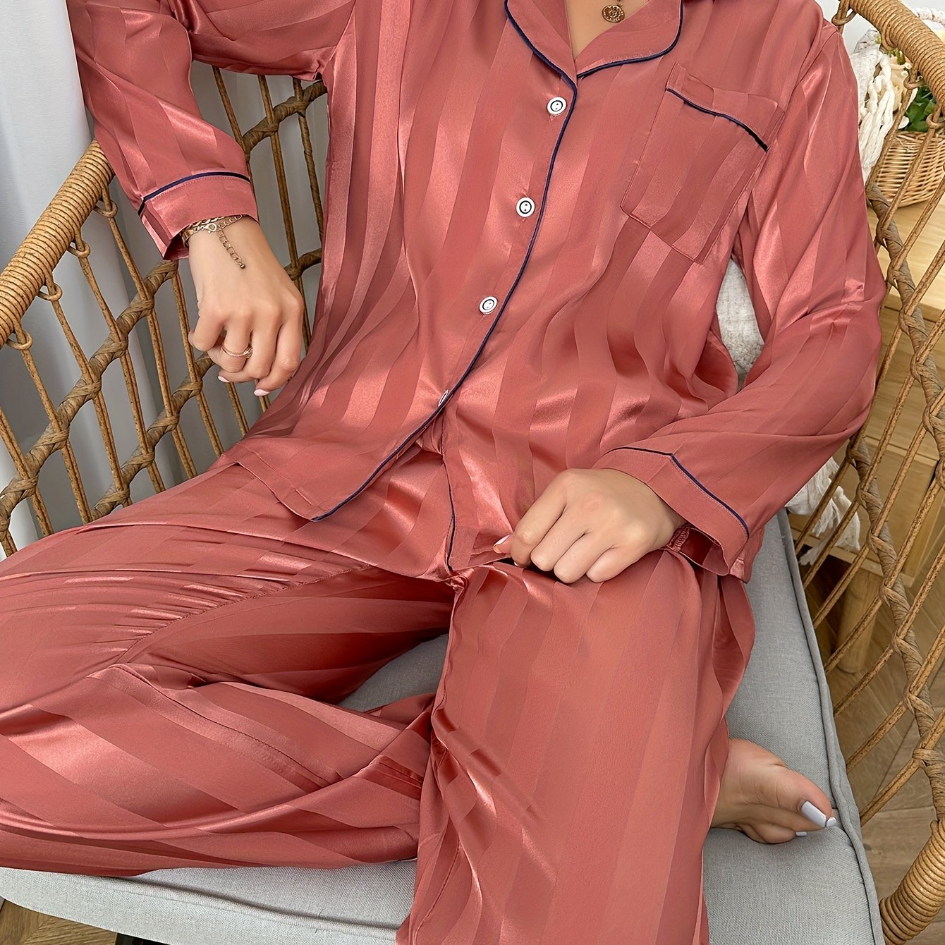 Striped Satin Lounge Set Long Sleeve Buttons Top & Elastic Waistband Pants