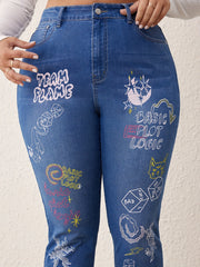 Casual Jeans Women's Plus Graphic Print High Stretch Jeans