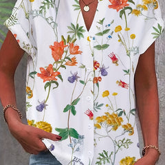 Women's Plus Floral Print Button Up Bat Sleeve Notched Neck Blouse