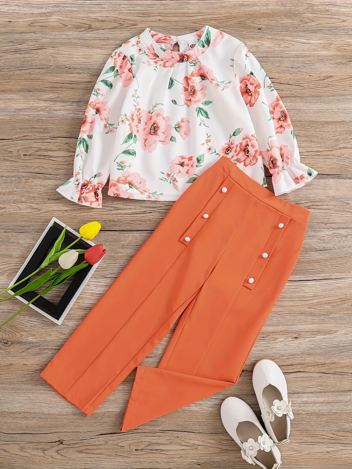 Girl's 2pcs Floral Print Top & Pants Set for Spring/Fall
