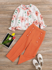 Girl's 2pcs Floral Print Top & Pants Set for Spring/Fall