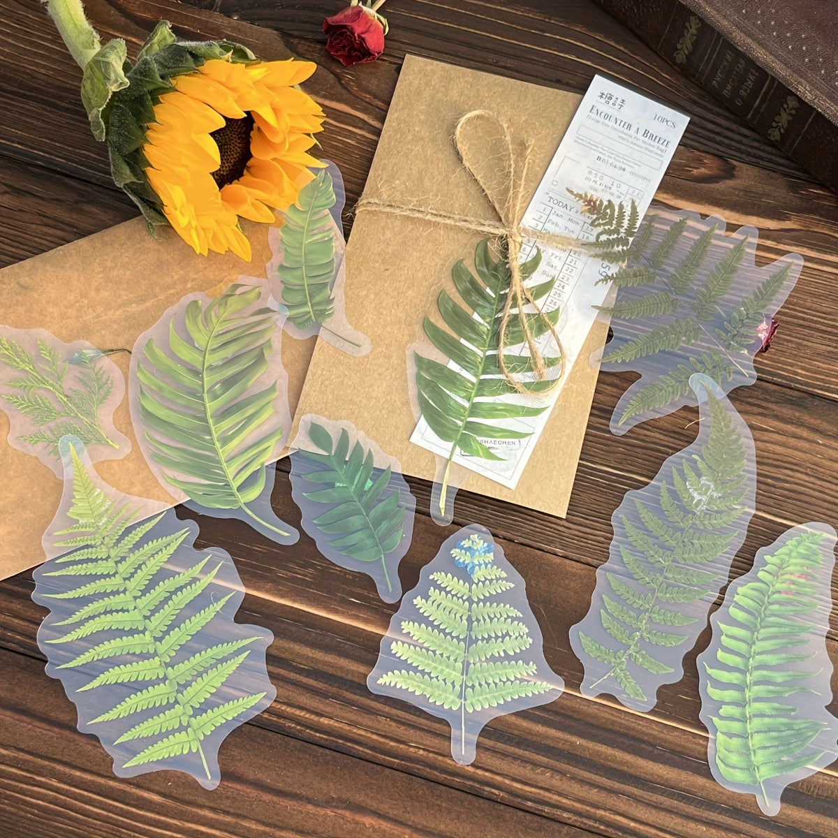 10pcs Retro PET Ink Large Sticker Fall Leaves Simulation Plants Leaf Dec