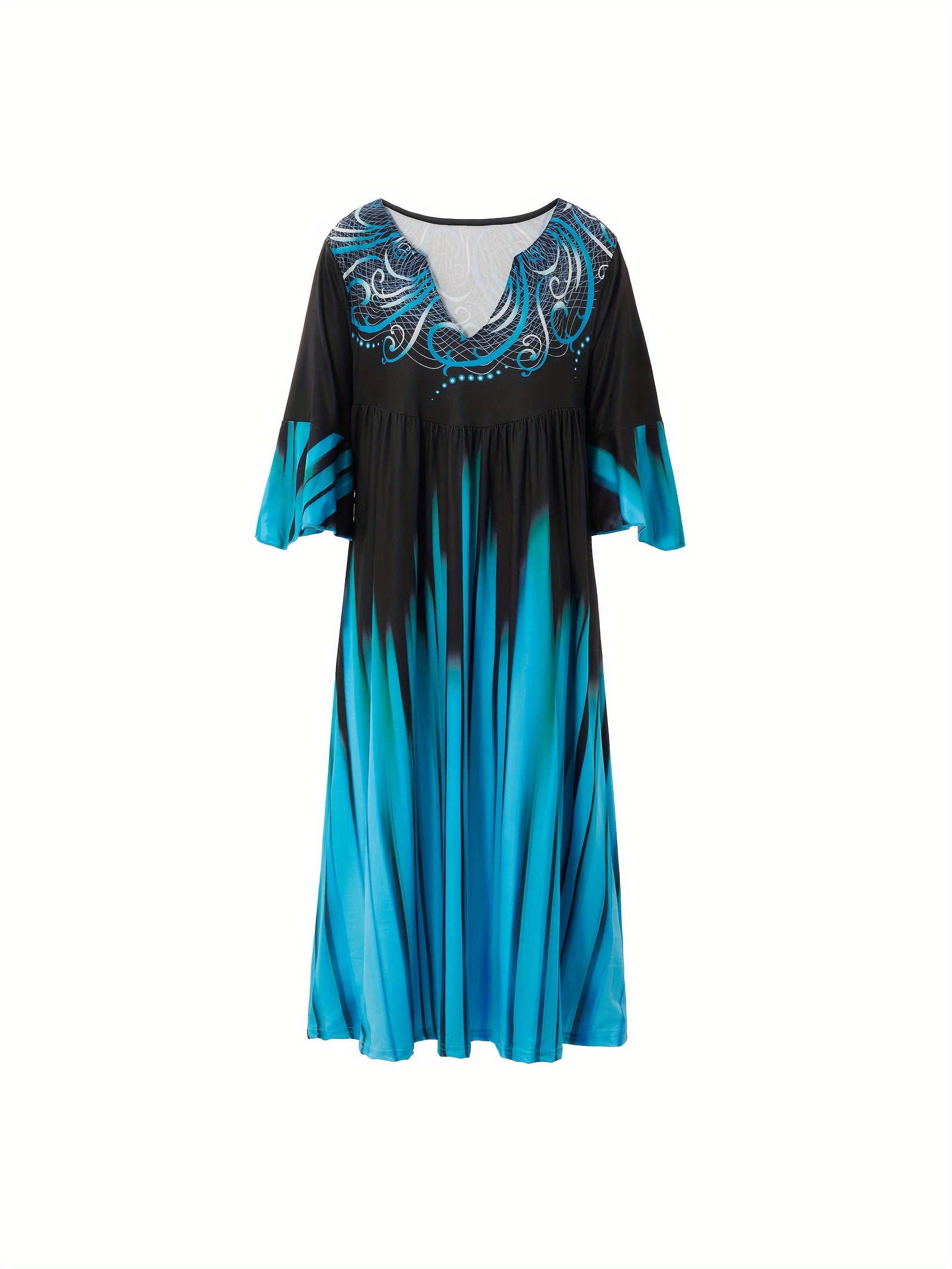 Women's Plus Floral Print Ombre Bell Sleeve Midi Dress