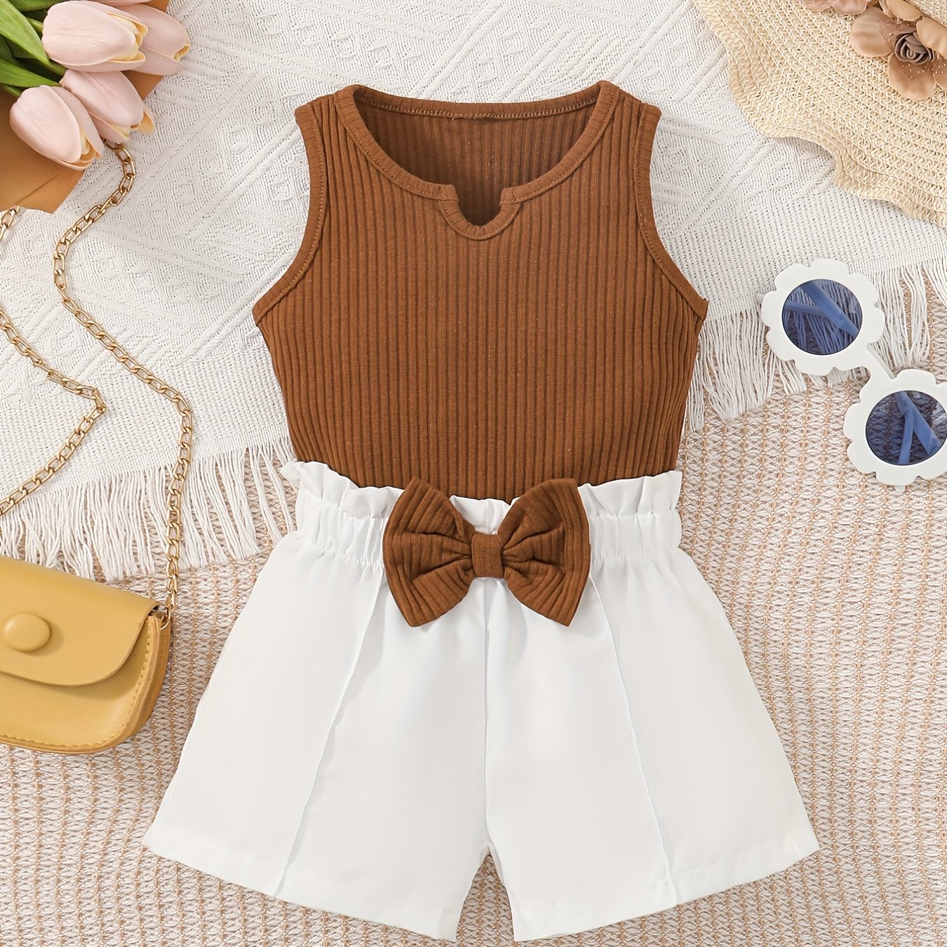 Striped Crop Top & Bow Shorts Set for Girls