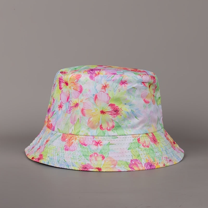 Pink Flower Print Bucket Hat - Sun Fisherman Cap for Women