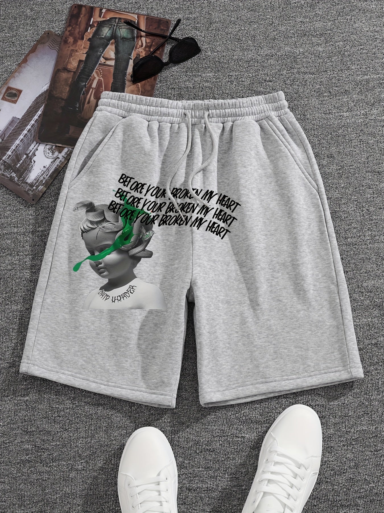 Snake & Child Statue Comfy Shorts Men's Casual Elastic Waist Drawstring Shorts