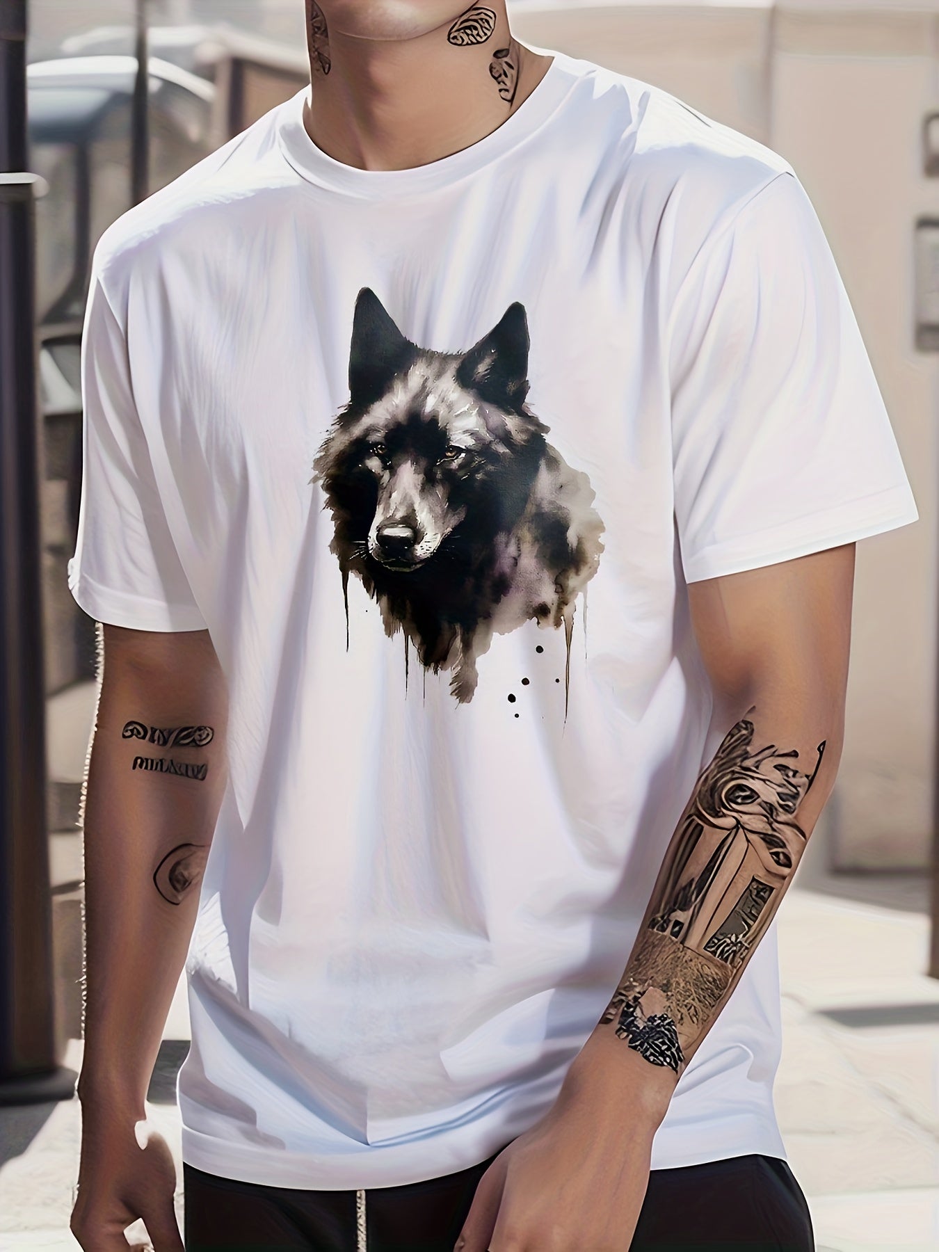 Cotton Wolf Painting Print Men's Graphic Crew Neck T-shirt