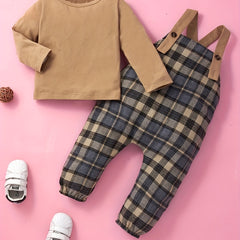 Baby Girl's 2pcs Plaid Overalls & Solid Top Set for Spring Fall