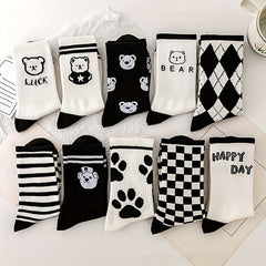 10 Pairs Bear & Plaid Print Mid Tube Socks Women's Stockings