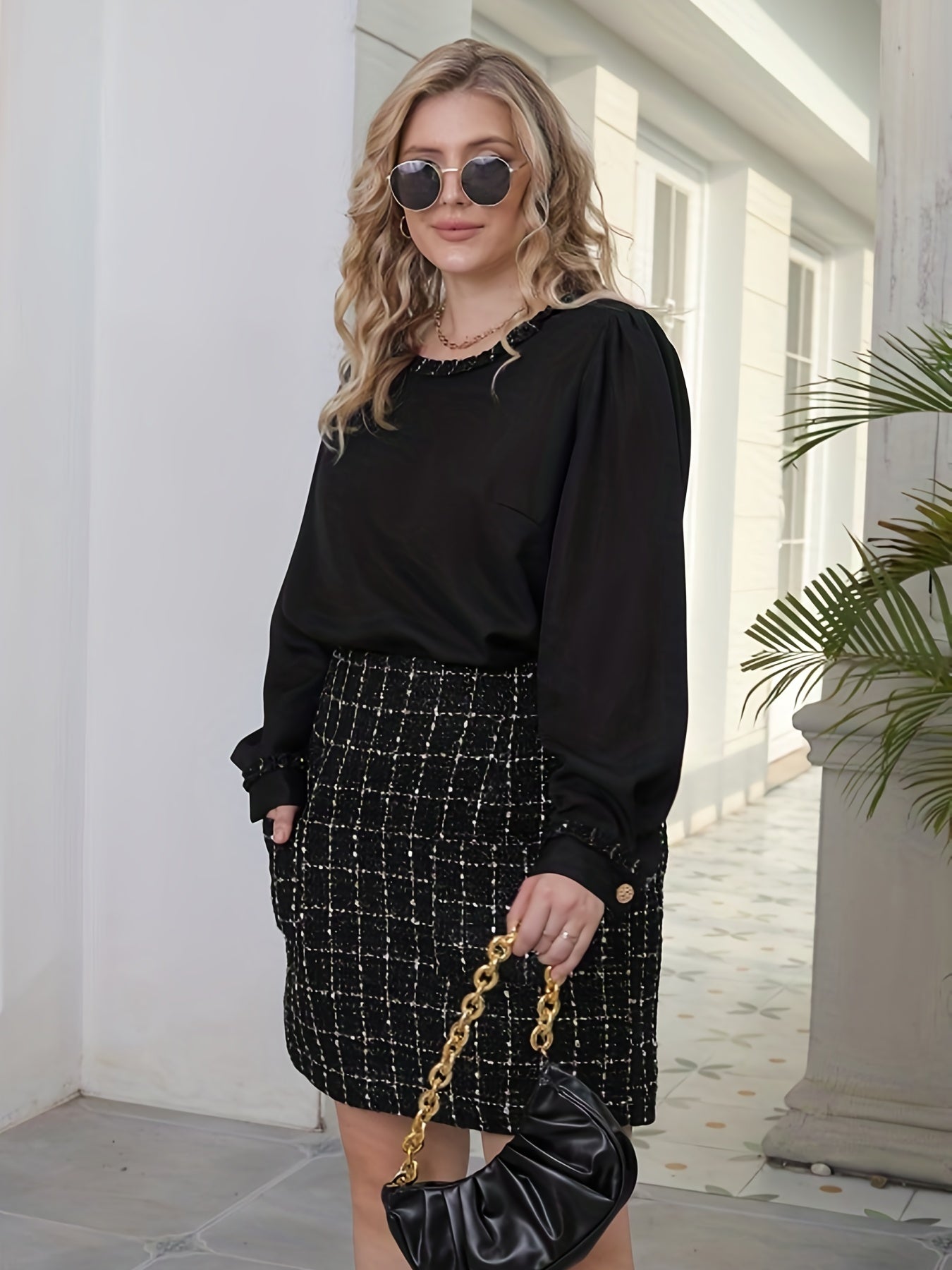 Plus Plaid Print Top & Skirt Set Round Neck 2 Piece Outfit